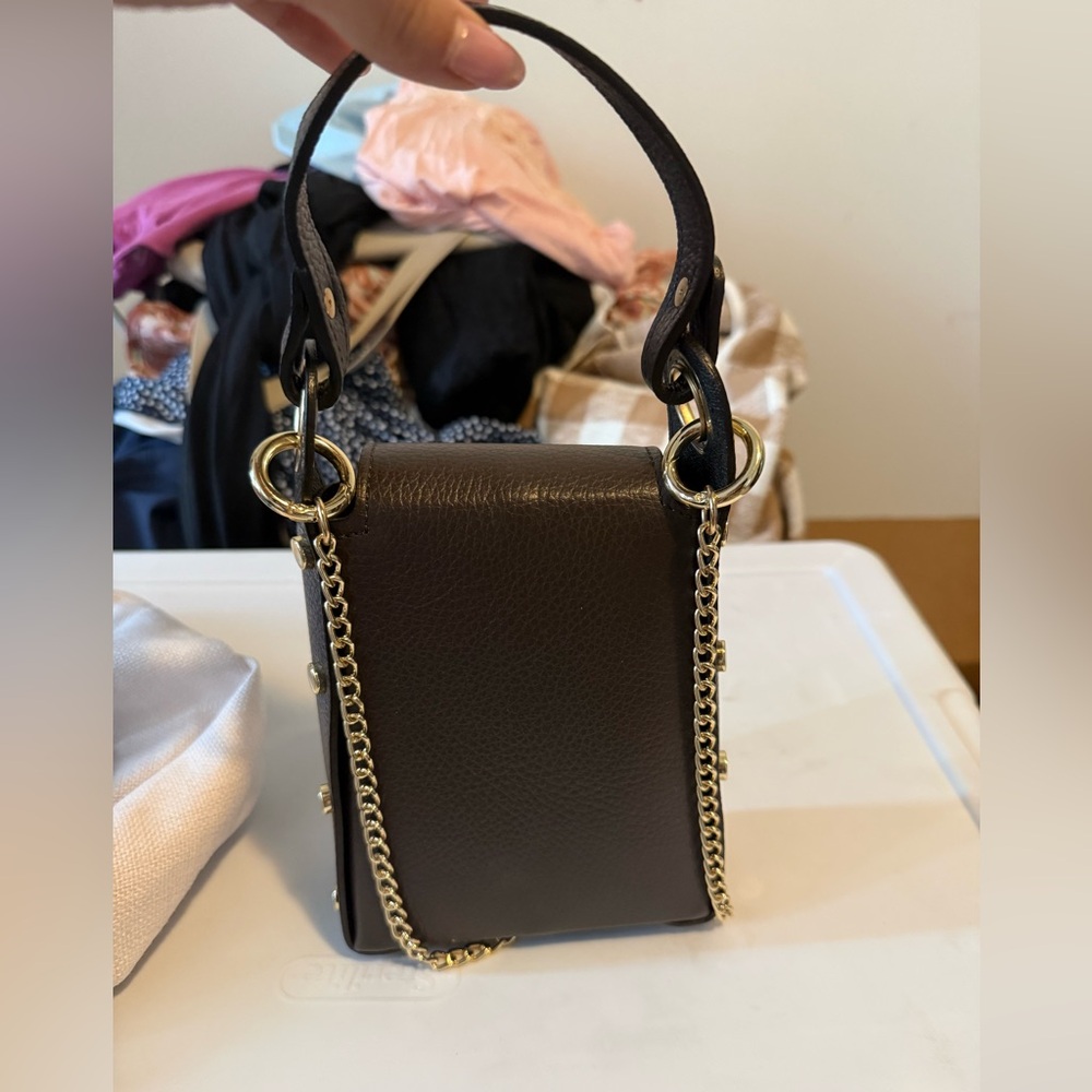 LIKE NEW Dark Brown Leather Crossbody Purse with Gold Colored Accents - Picture 4 of 7